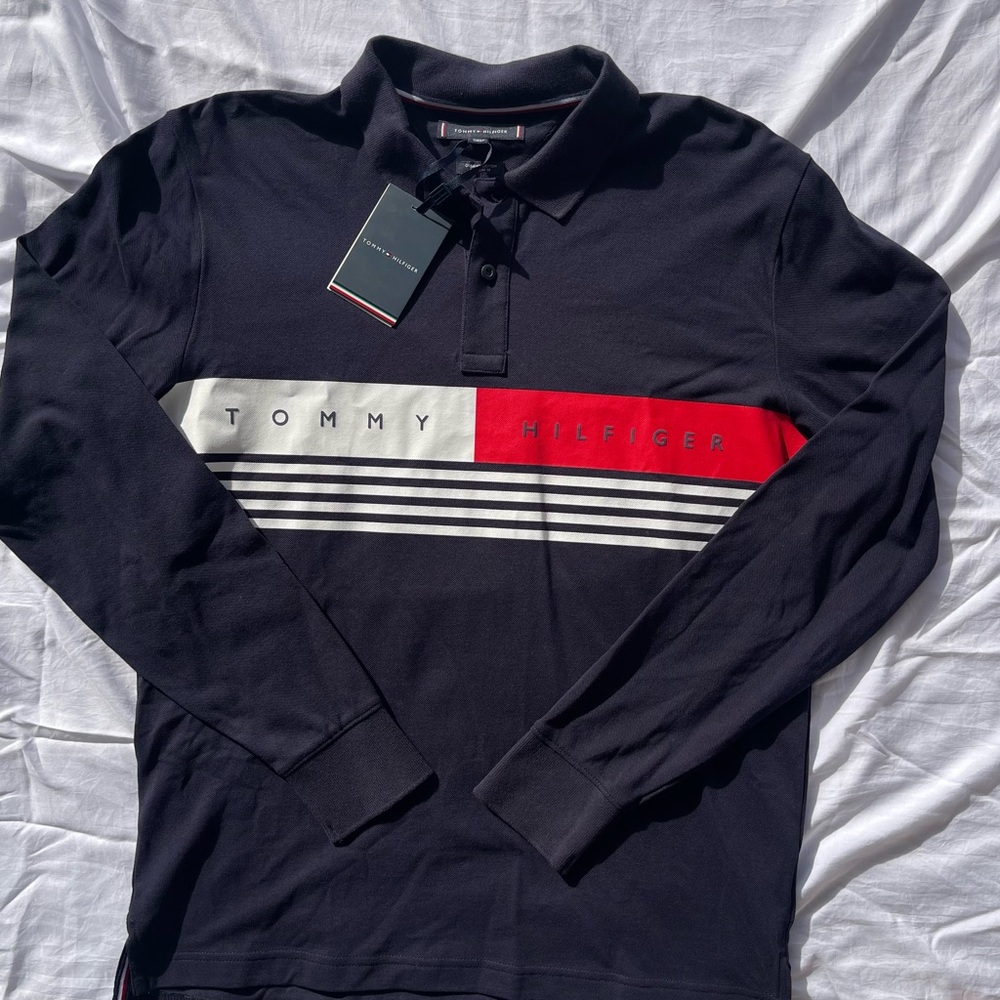 Men’s Medium Tommy Hilfiger Navy Polo with Logo Red and White Stripes
